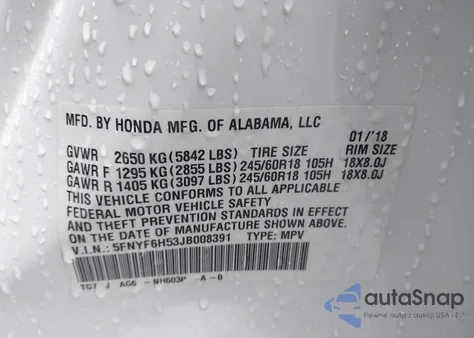 2018 Honda Pilot Ex-L z USA, uszkodzony, nr VIN 5FNYF6H53JB008391